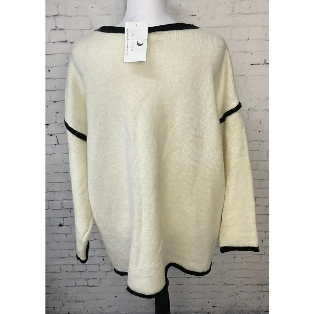 Vine And Love Women L Cream Sweater Black Trim Oversized Comfort Long Sleeve N2 - Picture 11 of 12
